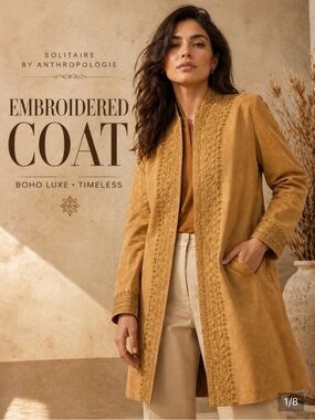 Anthropology Solitaire Embroidered Suede Coat Cardigan in Camel